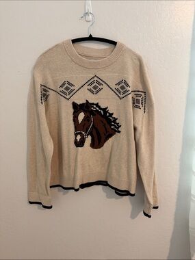 LOFT Beige Crewneck Sweater with Brown Horse Motif
